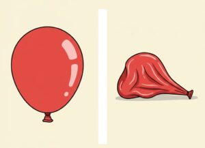膨らんだ風船としぼんだ風船の様子と水がたまる原因を示唆